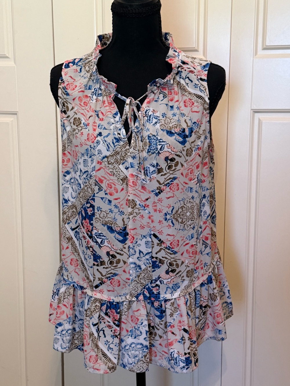 C Floral Ruffle Tie-Neck Camisole - White, Blue, Pink